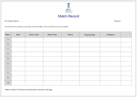 ACO Umpire Match Diary Record Card